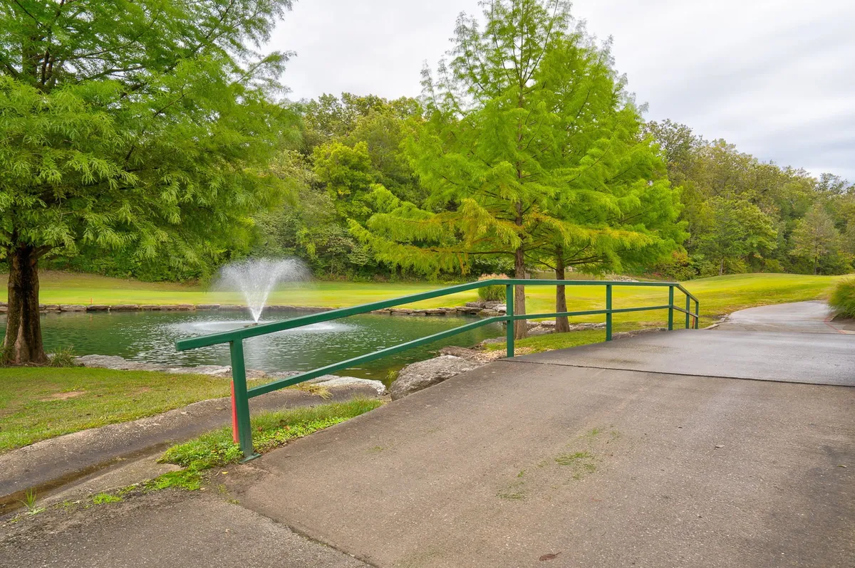 This image captures a serene pond with a charming fountain, surrounded by trees and a green railing in the foreground. The peaceful waterside setting is inviting for relaxing walks, sitting by the water, or watching wildlife—activities that can be enjoyed with a pet.